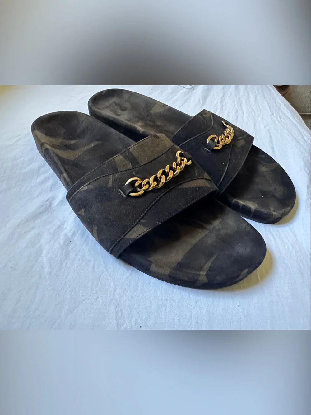 Tom Ford Gold Chain Accent Green Black Camouflage Men’s Slide Sandals Size 12T